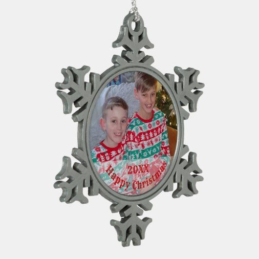 Personalisiertes Foto Schneeflocken Zinn-Ornament (Links)