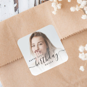 Personalisiertes Foto Schwarze Schrift 21. Geburts Quadratischer Aufkleber