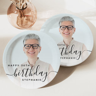 Personalisiertes Foto Schwarze Schrift 50. Geburts Pappteller