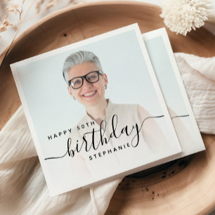 Personalisiertes Foto Schwarze Schrift 50. Geburts Serviette