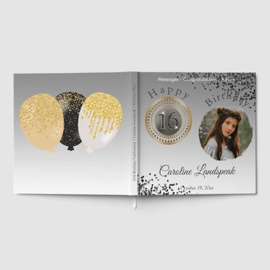 Personalisiertes Foto Schwarzer Glitzer Sweet 16 G Gästebuch (Voll)