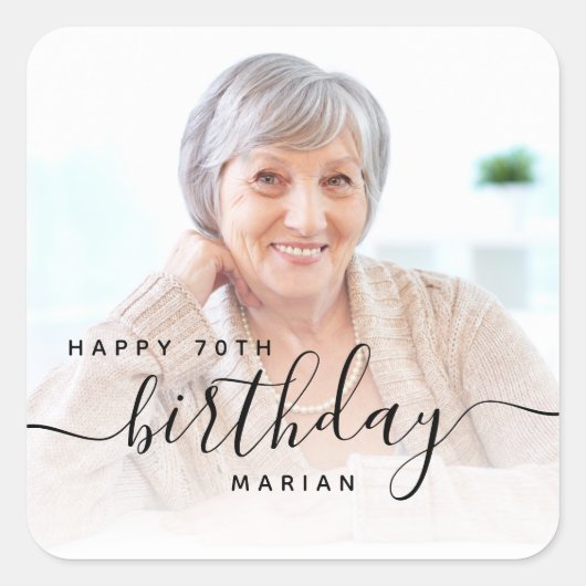 Personalisiertes Foto Schwarzes Drehbuch 70. Gebur Quadratischer Aufkleber (Vorderseite)