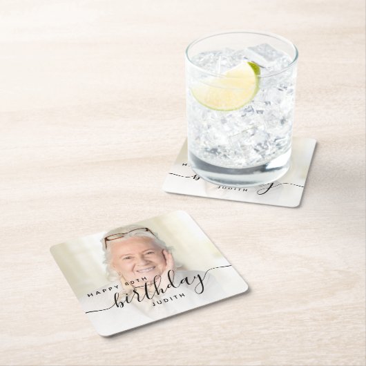 Personalisiertes Foto Schwarzes Script 80. Geburts Rechteckiger Pappuntersetzer (Vor Ort)