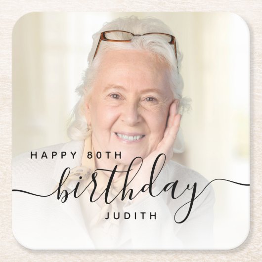 Personalisiertes Foto Schwarzes Script 80. Geburts Rechteckiger Pappuntersetzer (Vorderseite)