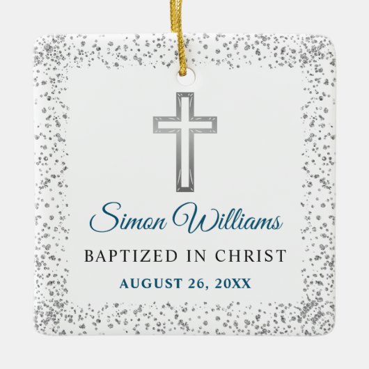 Personalisiertes Foto Silver Glitzer Cross Baptiss Keramikornament (Vorderseite)