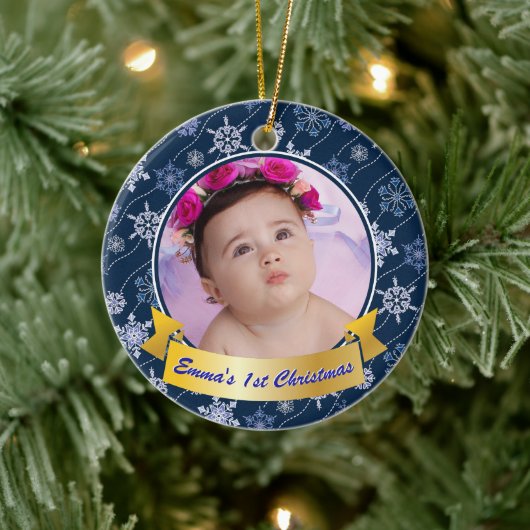 Personalisiertes Foto Snowflake Navy Blue Keramik Ornament (Baum)