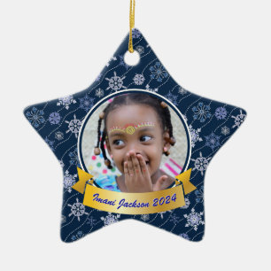 Personalisiertes Foto Snowflake Navy Blue Star For Keramik Ornament