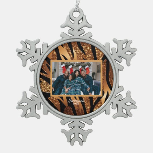 Personalisiertes Foto, Tiger Streifen Schneeflocken Zinn-Ornament (Vorderseite)