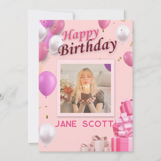 Personalisiertes Foto und Name Pink Ballon Geburts Dankeskarte (Vorderseite)