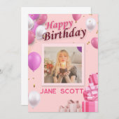 Personalisiertes Foto und Name Pink Ballon Geburts Dankeskarte (Vorne/Hinten)