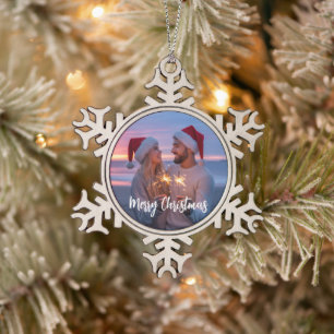 Personalisiertes Foto- und Text-Weihnachten 2025 B Schneeflocken Zinn-Ornament