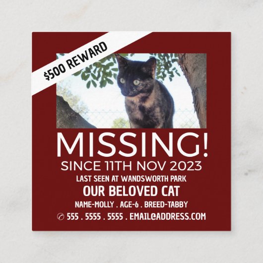 Personalisiertes Foto, Vermisst, verlorene Pet Car Quadratische Visitenkarte (Rückseite)