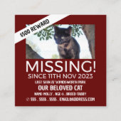 Personalisiertes Foto, Vermisst, verlorene Pet Car Quadratische Visitenkarte (Vorderseite)
