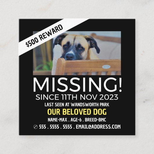 Personalisiertes Foto, Vermisst, verlorene Pet Car Quadratische Visitenkarte (Vorderseite)