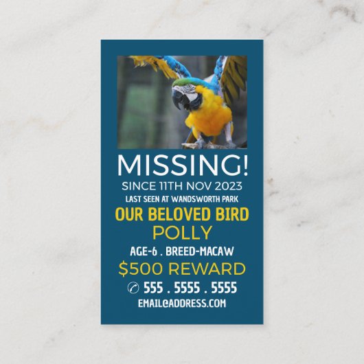 Personalisiertes Foto, Vermisst, verlorene Pet Car Visitenkarte (Rückseite)