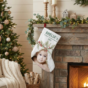 Personalisiertes Foto vom ersten Weihnachten mit B Großer Weihnachtsstrumpf