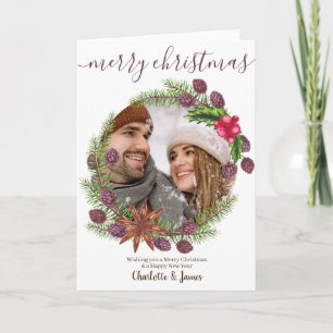 Personalisiertes Foto Weihnachtskranz und Holly Feiertagskarte