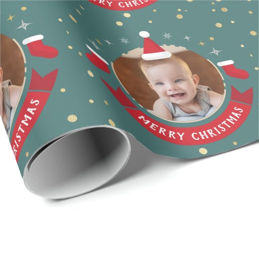Personalisiertes Foto Weihnachtsmannmütze Weihnach Geschenkpapier (Rolleneckpunkt)