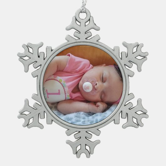 Personalisiertes Foto Weihnachtsschmuck Keepake Schneeflocken Zinn-Ornament (Vorderseite)