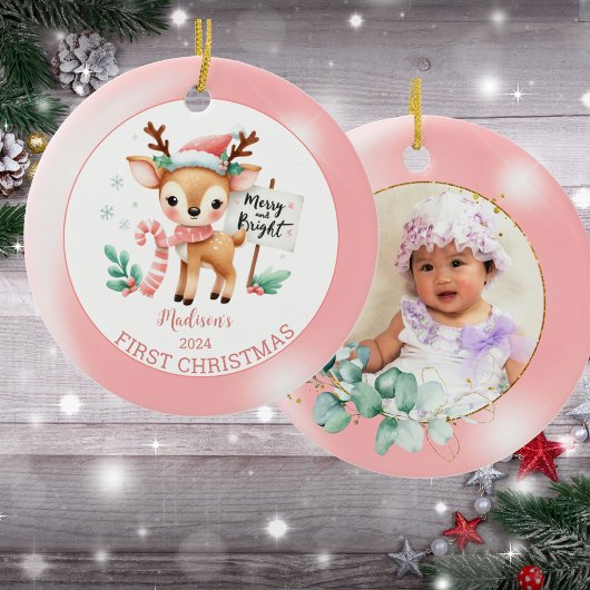 Personalisiertes Foto Woodland Hirsch Weihnachten Keramik Ornament