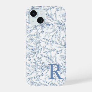 Personalisiertes französisches florales Toile-Blau iPhone 15 Hülle