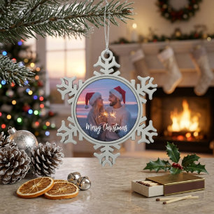 Personalisiertes Frohe Weihnachten Foto-Schneefloc Schneeflocken Zinn-Ornament