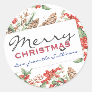 Personalisiertes Frohe Weihnachten Holly und Zapfe Runder Aufkleber