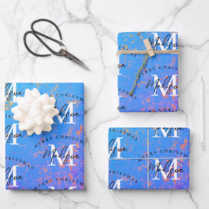 Personalisiertes Frohe Weihnachten Lila Gold Monog Geschenkpapier Set