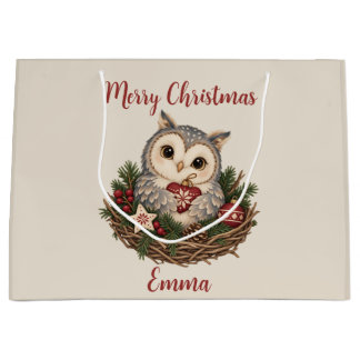 Personalisiertes Frohe Weihnachten Nordic Eule für Große Geschenktüte