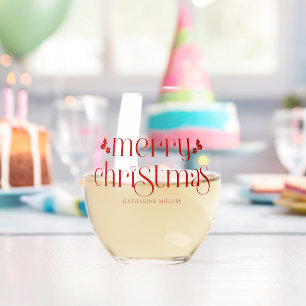 Personalisiertes Frohe Weihnachten Rot Typography  Weinglas Ohne Stiel