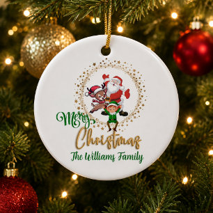 Personalisiertes Frohe Weihnachten Santa und Elfen Keramik Ornament