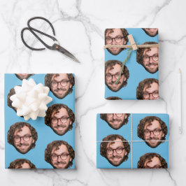 Personalisiertes Funny Blue Custom Face Foto Geschenkpapier Set