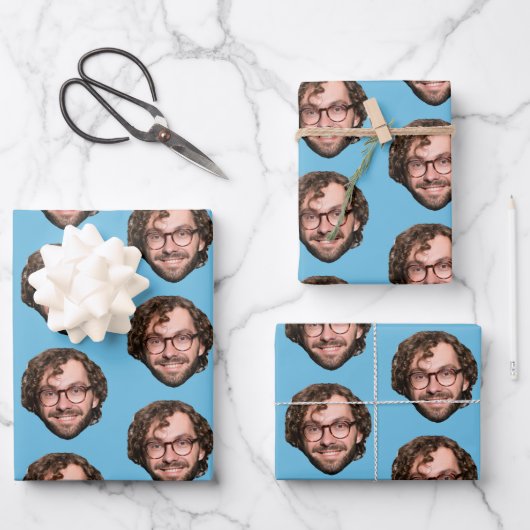 Personalisiertes Funny Blue Custom Face Foto Geschenkpapier Set (Vorderseite)