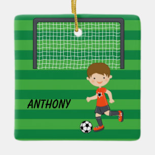 Personalisiertes Fußball-Jungen-Weihnachten Brown Keramikornament