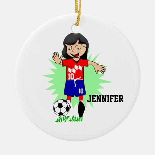 Personalisiertes Fußball-Mädchen, das Verzierung Keramik Ornament (Vorne)