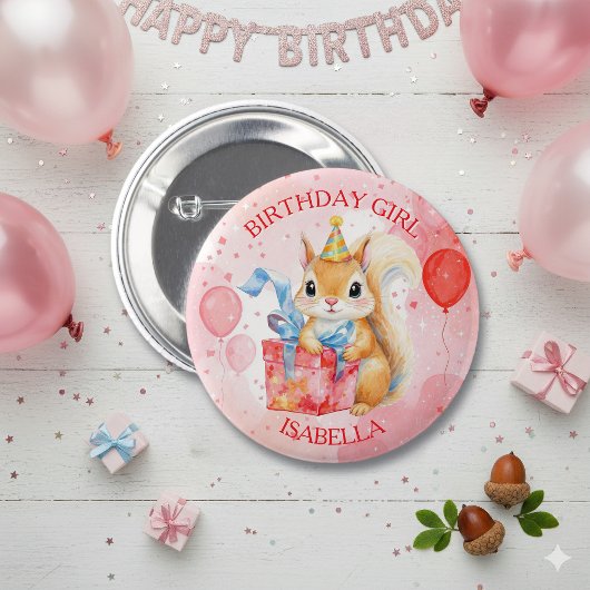 Personalisiertes Geburtstagsmädchen Eichhörnchen R Button