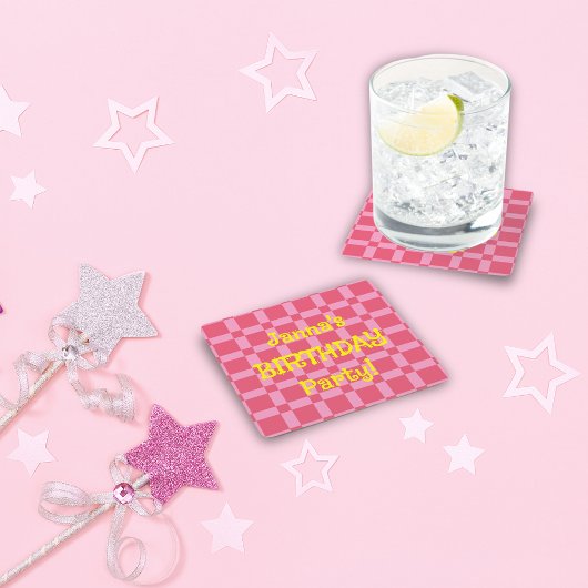 Personalisiertes Geburtstagsparteienrosa Prüfmuste Rechteckiger Pappuntersetzer