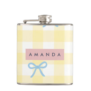 Personalisiertes gelbes Gingham und blaues Band Pa Flachmann