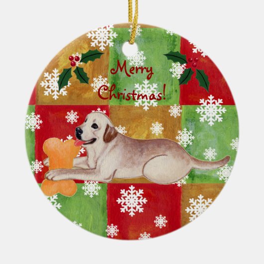 Personalisiertes gelbes Labrador-Weihnachtsmosaik Keramikornament (Vorne)