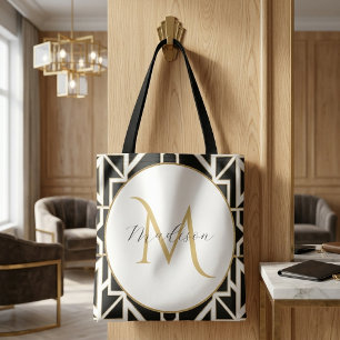 Personalisiertes geometrisches Schwarz-Weiß-Gold-M Tasche