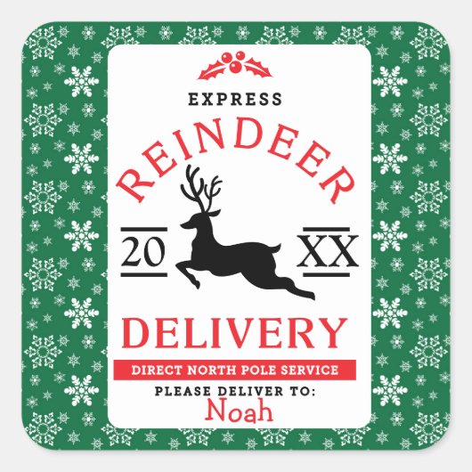 Personalisiertes Geschenk für die Express-Rentier- Quadratischer Aufkleber (Vorderseite)