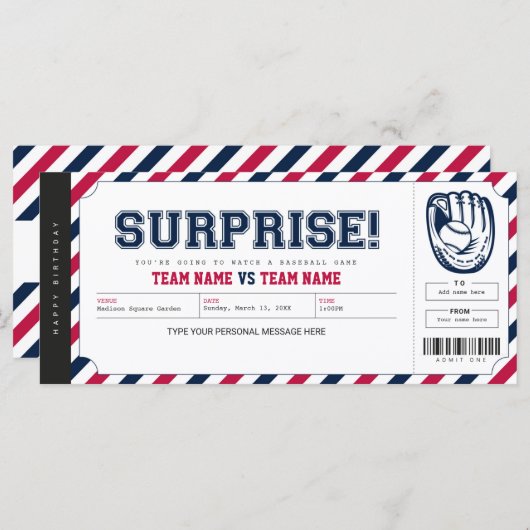 Personalisiertes Geschenkticket für das Baseball-S (Vorne/Hinten)