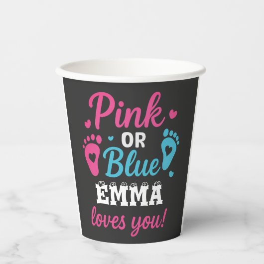 Personalisiertes Geschlecht zeigt rosa oder blaues Pappbecher (Vorderseite)