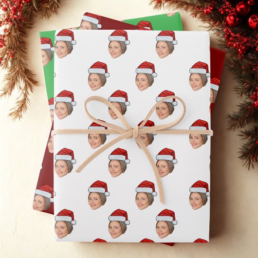 Personalisiertes Gesicht Foto Weihnachtsmannmütze Geschenkpapier Set