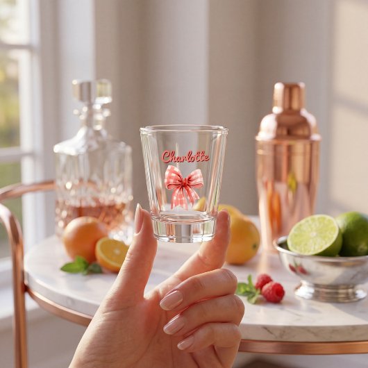 Personalisiertes Gingham-Schleifendesign in Schrif Schnapsglas