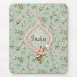 Personalisiertes Girly Chic-Grün und rosa Blumen Mousepad