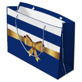 Personalisiertes Gold, blaue Streifen Golden BOW Große Geschenktüte (Rückseite Schrägansicht)
