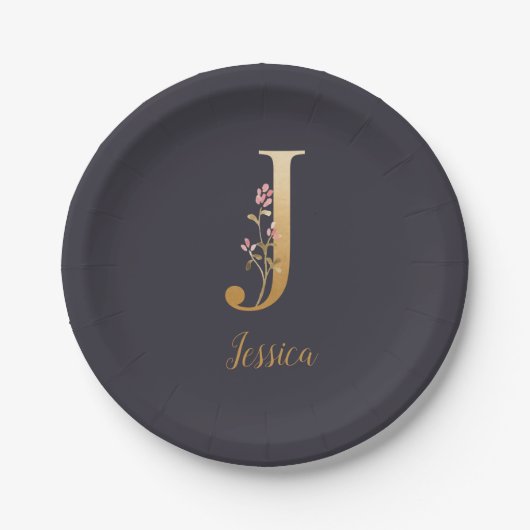 Personalisiertes Gold Blue Elegant Floral Monogram Pappteller (Vorderseite)
