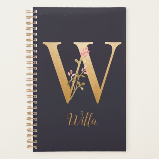 Personalisiertes Gold Blue Elegant Floral Monogram Planer (Vorderseite)