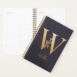 Personalisiertes Gold Blue Elegant Floral Monogram Planer